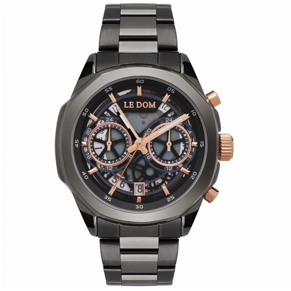 LE DOM Skeleton LD.1095-10 Dual Time Anthracite Stainless Steel Bracelet