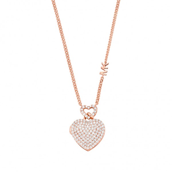 MICHAEL KORS Necklace Premium Sterling Pave Heart Locket Zircons | Rose Gold Plated 14K MKC1566AN791