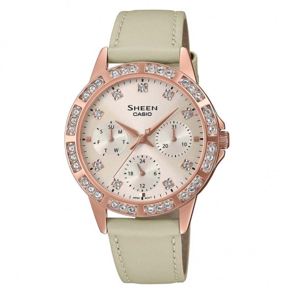 CASIO Sheen SHE-3517PGL-9AUEF Crystals Multifunction Beige Leather Strap