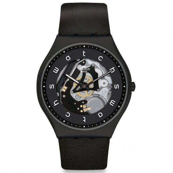 SWATCH White Side SS07B101 Black Leather Strap