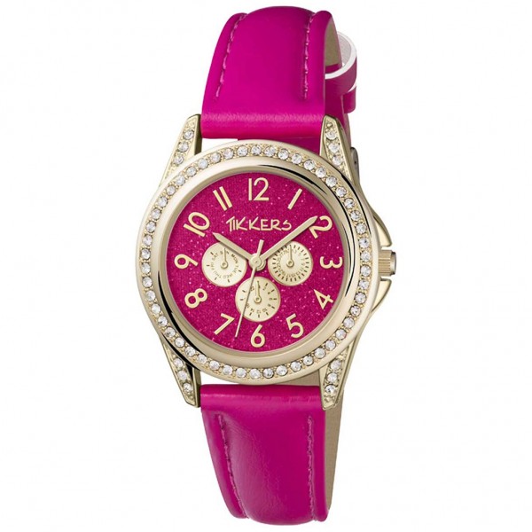 TIKKERS Girls TK0130 Crystals Multifunction Fuchsia Leather Strap