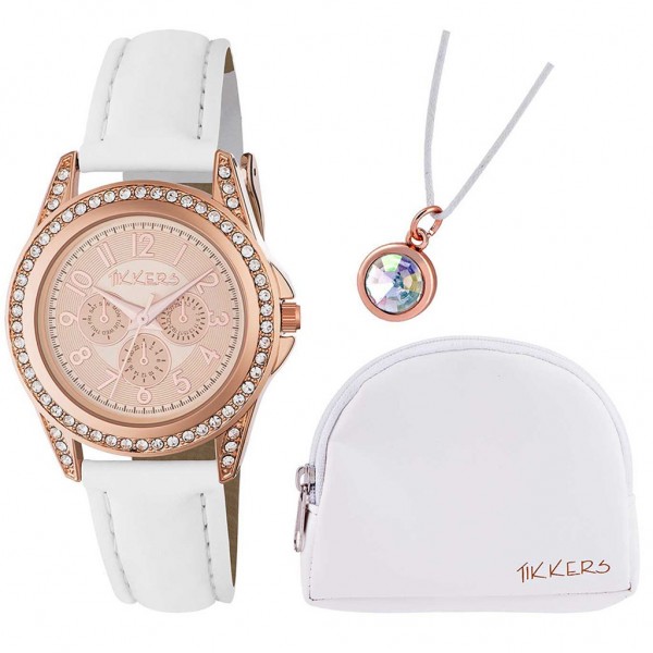 TIKKERS Girls ATK1018 Zircons White Leather Strap Gift Set