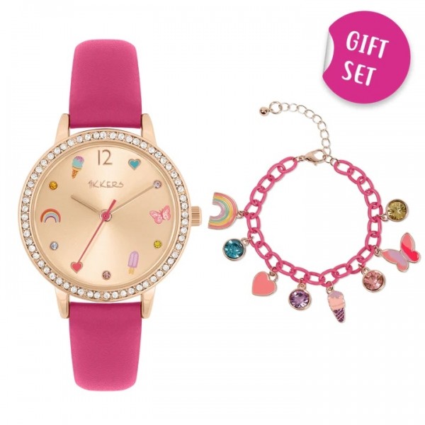 TIKKERS Girls ATK1089 Crystals Fuchsia Leather Strap Gift Set