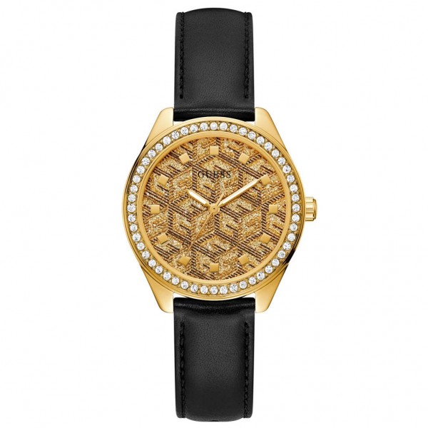 GUESS G Gloss GW0608L2 Crystals Black Leather Strap