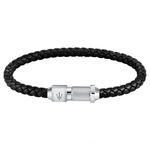 MASERATI Bracelet JM223AVE17 | Silver Stainless Steel - Black Leather