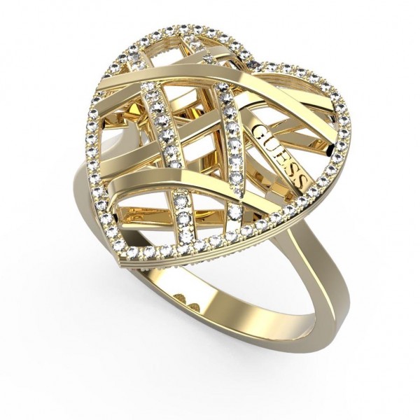 GUESS Ring Heart Cage Zircons | Gold Stainless Steel JUBR03101JWYG54