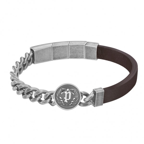 POLICE Bracelet Crest | Brown Leather - Silver Stainless Steel PEAGB0023302