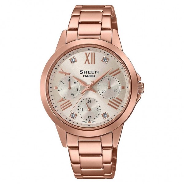 CASIO Sheen SHE-3516PG-9AUEF Crystals Multifunction Rose Gold Stainless Steel Bracelet