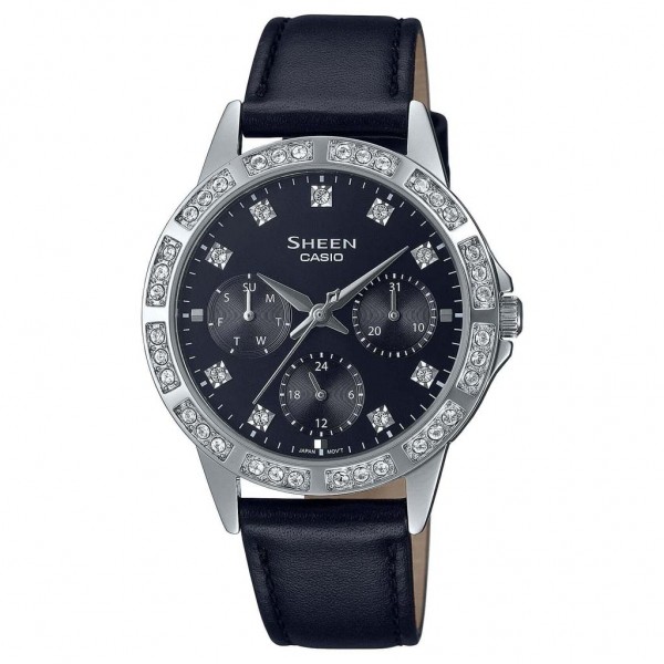 CASIO Sheen SHE-3517L-1AUEF Crystals Multifunction Black Leather Strap