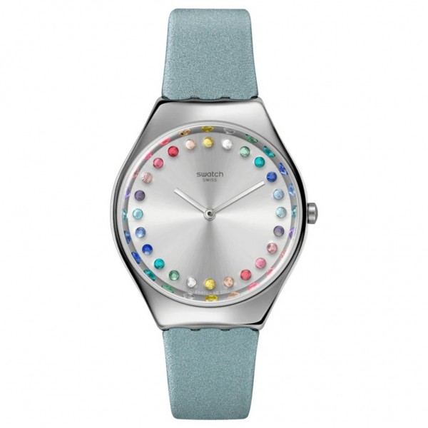 SWATCH Gleam Team SYXS144 Crystals Light Blue Leather Strap