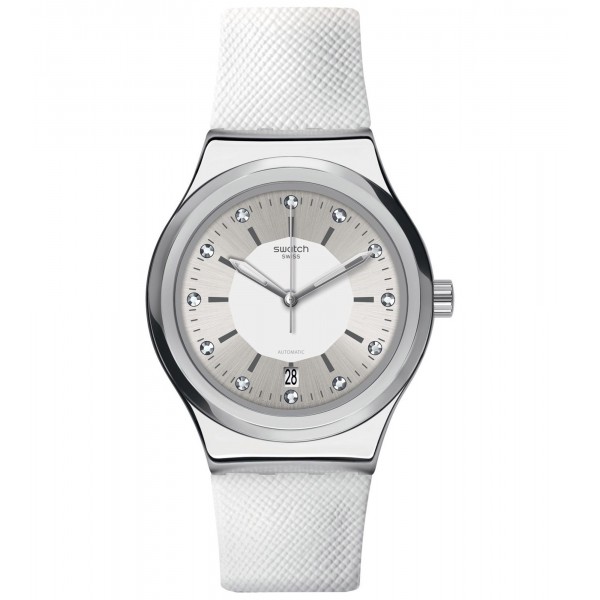 SWATCH Sistem Inside YIS422 Crystals Automatic White Leather Strap
