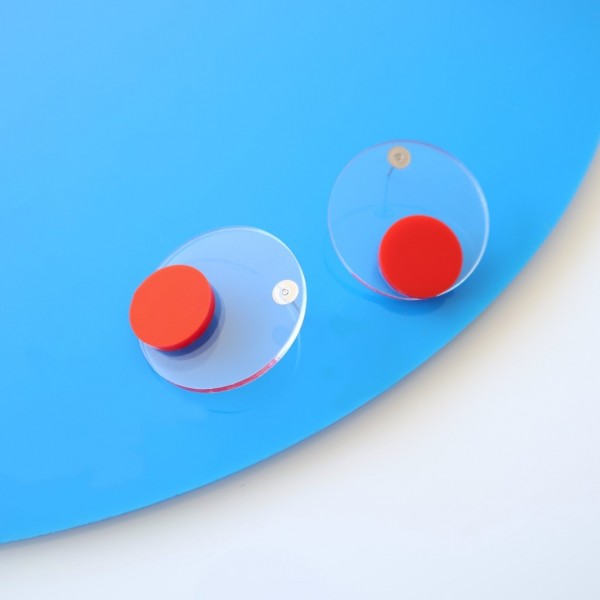 THINK+MAKE Handmade Earing Two Tone Plexiglass-Hypoallergenic Steel | Floating Red Dot