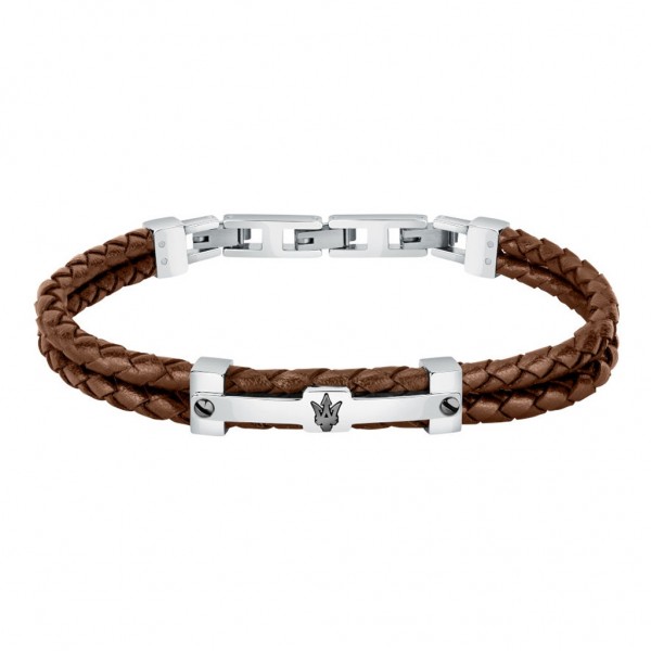 MASERATI Bracelet JM422AVE12 | Silver Stainless Steel - Brown Leather