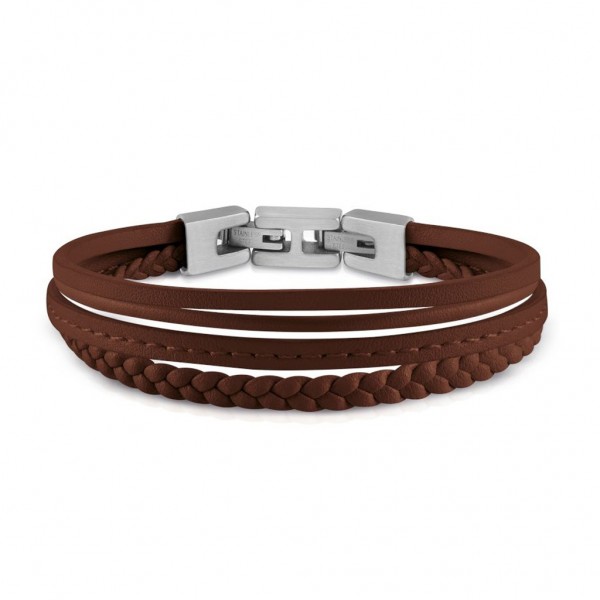 GUESS Bracelet Malibu | Silver Stainless Steel - Brown Leather JUMB01345JWSTBWT/U