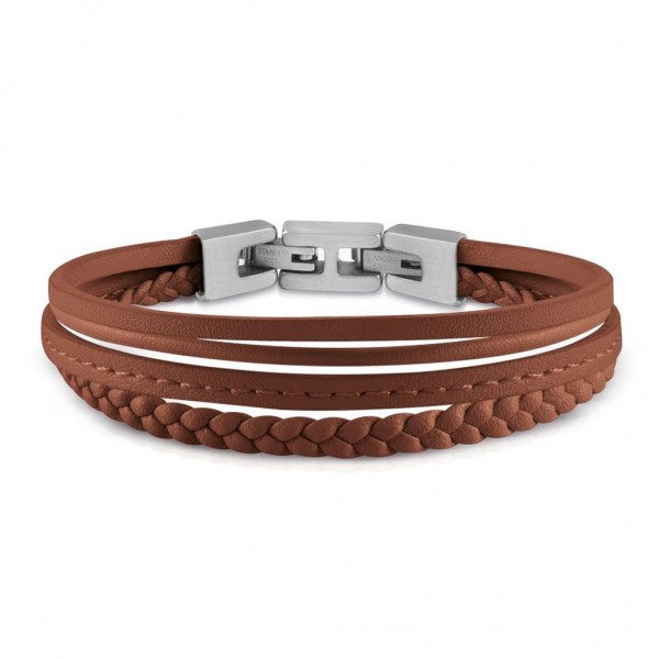 GUESS Bracelet Malibu | Silver Stainless Steel - Brown Leather JUMB01345JWSTCGT/U