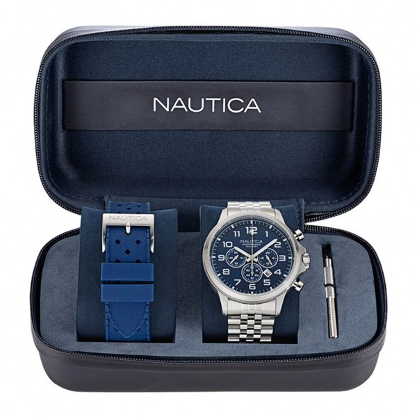 NAUTICA NCT Blue Ocean NAPBOS406 Chrono Recycled Silver Stainless Steel Bracelet Box Set