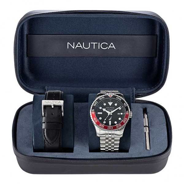 NAUTICA Pacific Beach Date 43 NAPPBF145 Gift Set Silver Stainless Steel Bracelet - Black Leather Strap