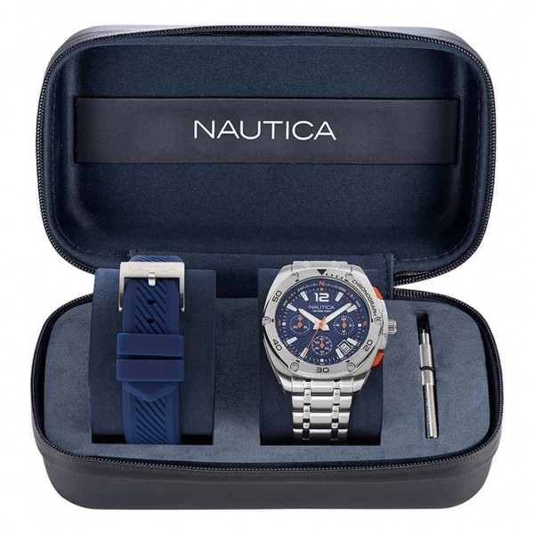 NAUTICA Tin Can Bay NAPTCF212 Chrono Silver Stainless Steel Bracelet Box Set