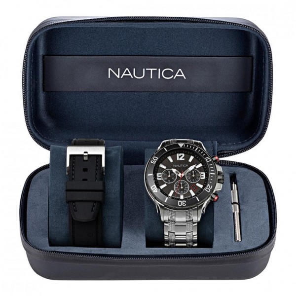 NAUTICA NST 49 Chrono NAPNSS124 Gift Set Silver Stainless Steel Bracelet - Black Silicone Strap