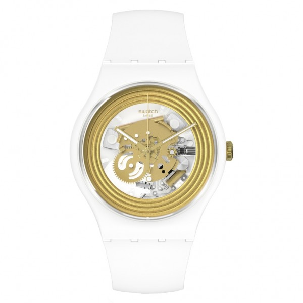 SWATCH Golden Rings White SO29W107 Bioceramic Case-White Silicone Strap