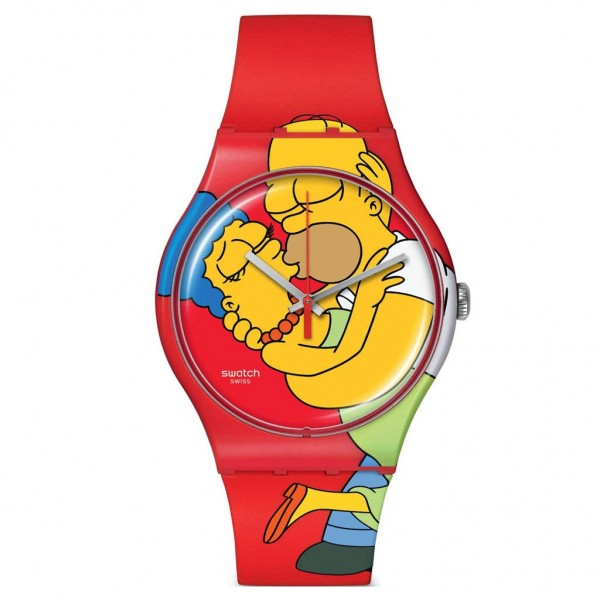 SWATCH Sweet Embrace Valentine's Day Simpsons SO29Z120 Bioceramic Case-Red Silicone Strap