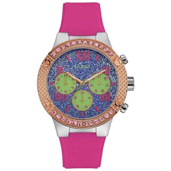 GUESS Showstopper W0772L4 Crystals Multifunction Fuchsia Rubber Strap