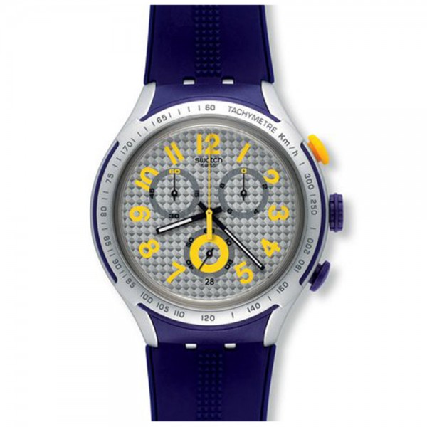 SWATCH Yellow Pusher YYS4014 Chronograph Purple Rubber Strap